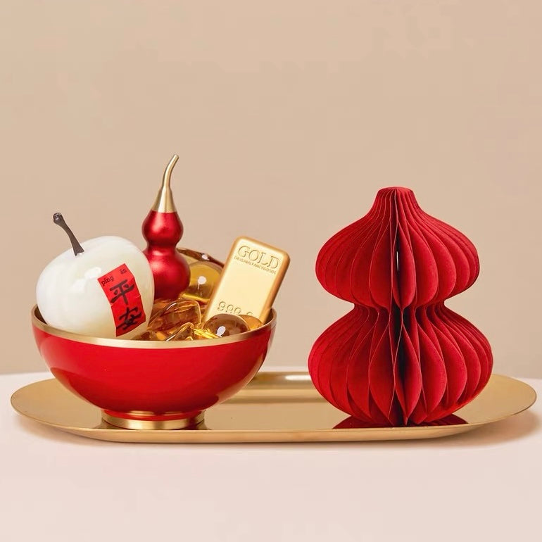 Seekeven Brass Fortune Bowl – Citrine Gold Ingots, Jade Peace Fruit & Gourd Wealth Set