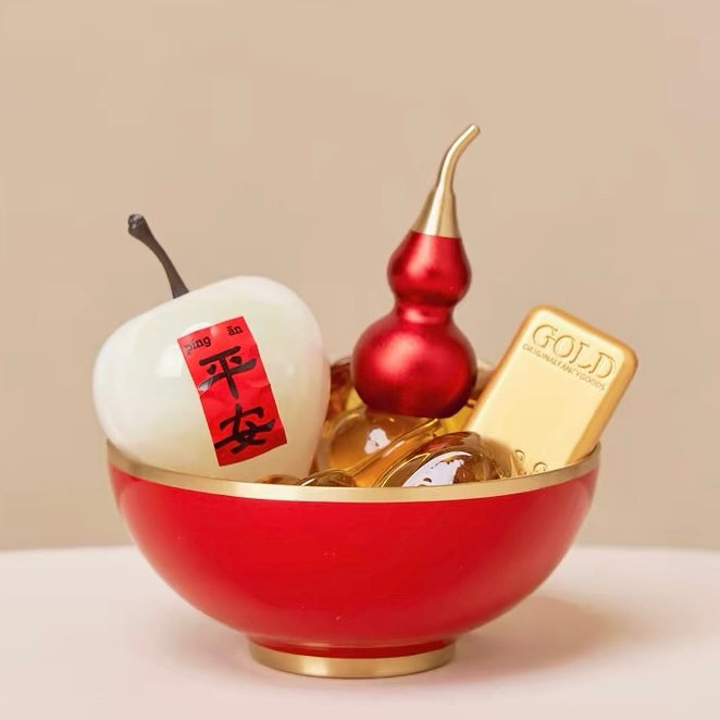 Seekeven Brass Fortune Bowl – Citrine Gold Ingots, Jade Peace Fruit & Gourd Wealth Set