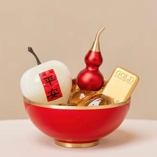 Seekeven Brass Fortune Bowl – Citrine Gold Ingots, Jade Peace Fruit & Gourd Wealth Set