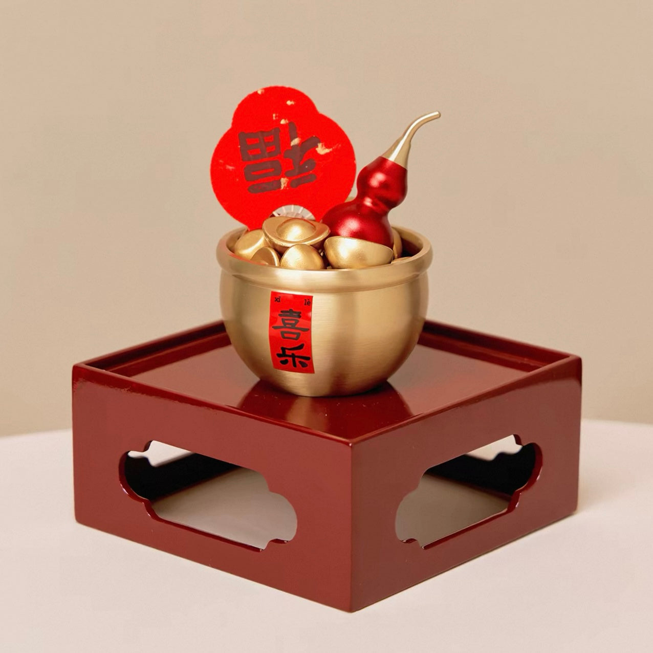 Seekeven Brass Treasure Basin Set – Gold Ingot, Calligraphy Fan & Brass Gourd Wealth Decor