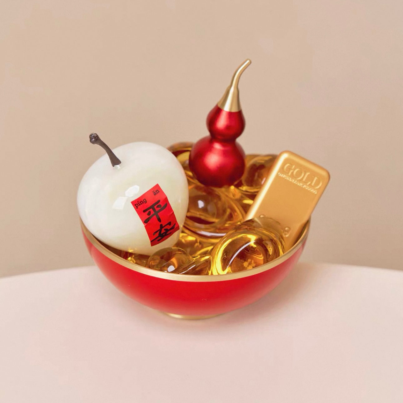 Seekeven Brass Fortune Bowl – Citrine Gold Ingots, Jade Peace Fruit & Gourd Wealth Set