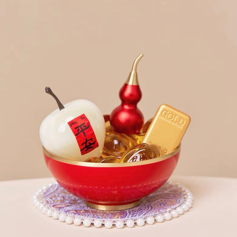 Seekeven Brass Fortune Bowl – Citrine Gold Ingots, Jade Peace Fruit & Gourd Wealth Set