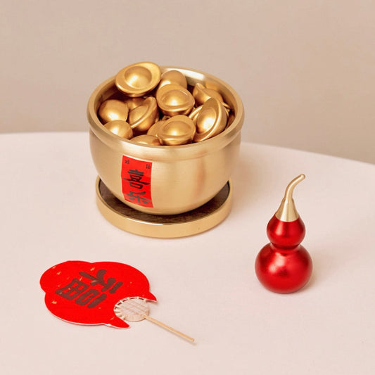 Seekeven Brass Treasure Basin Set – Gold Ingot, Calligraphy Fan & Brass Gourd Wealth Decor