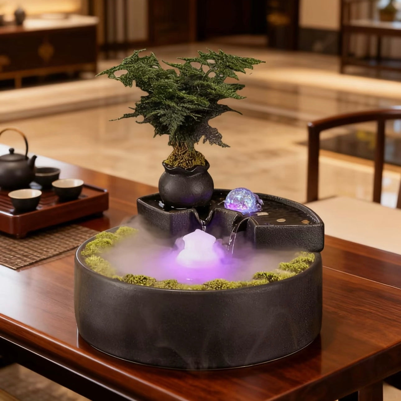 Close-up details of flowing water and rotating fortune ball